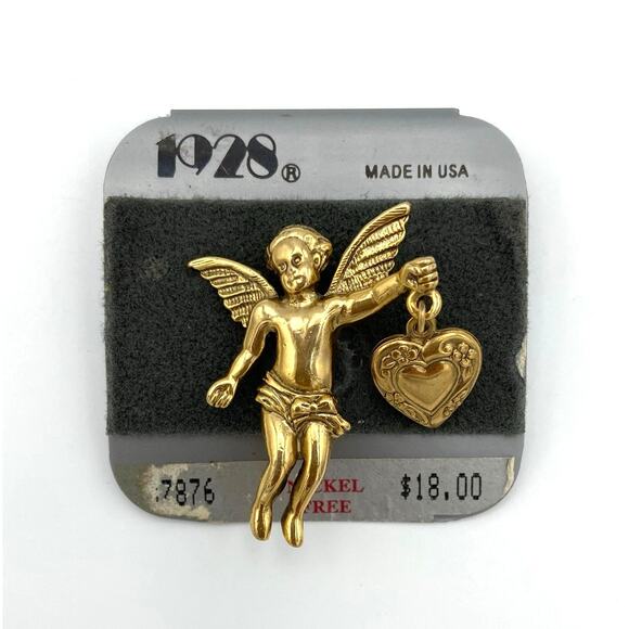 1928 Jewelry - 1928 Brand Angel Wings Cherub Brooch Pin Heart Dangle Victorian Style Gold Tone